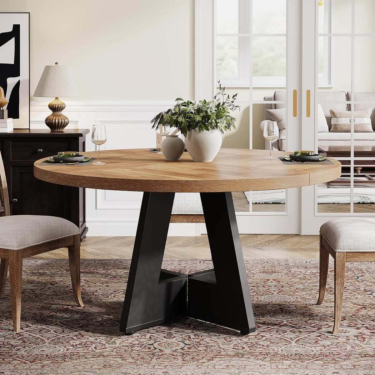 Tribesigns 47 inch Round Dining Table Wood Kitchen Table for Dining Room, 47" Dinner Room Tables for 4-6, Farmhouse Accent Furniture with Wooden Tabletop and Cross Base, Brown+Black