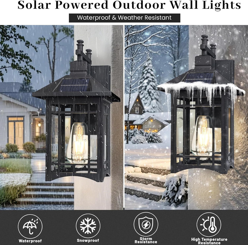 Solar Outdoor Wall Light，Exterior Lighting fixtures，Modern Black Exterior Light Fixture with Clear Glass Shade，Outdoor Solar Wall Lights Dusk to Dawn，for House Garage Doorway Patio
