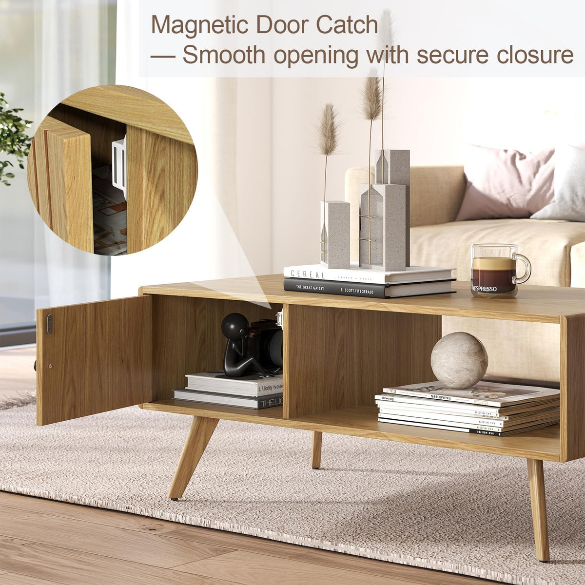 Manora Mid Century Modern Coffee Table with Storage, Natural Wood Finish