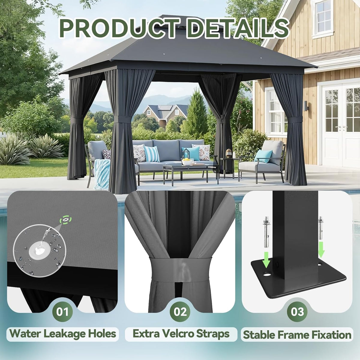 Aoxun 12'x10' Outdoor Gazebo with Mosquito Netting and Privacy Curtains