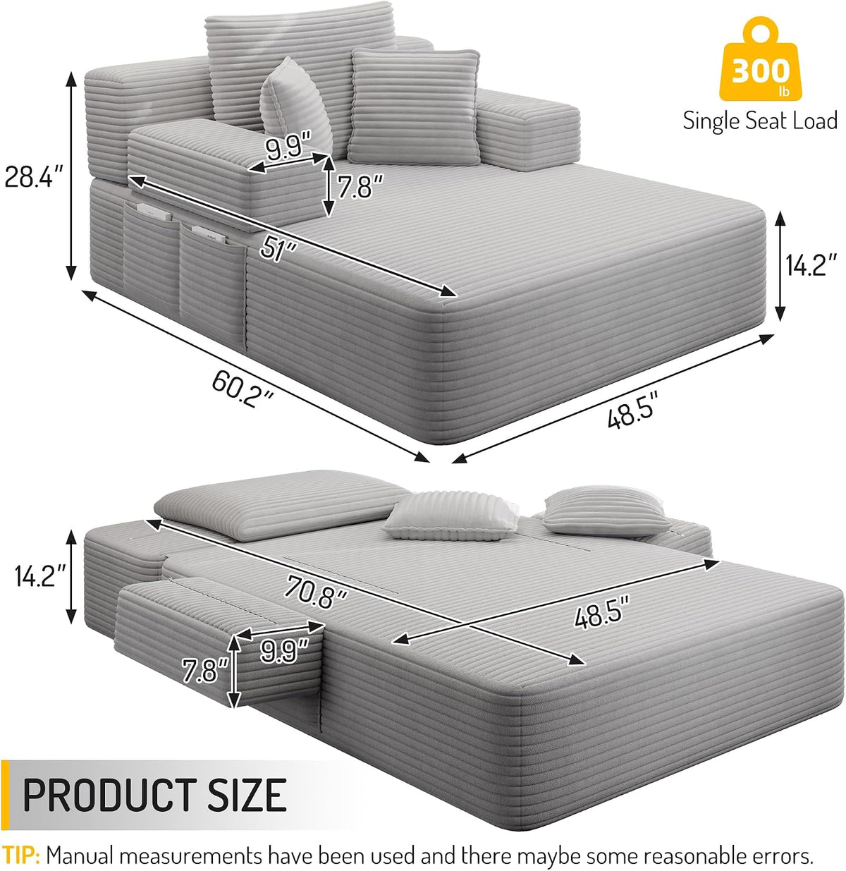 Avenix 70" Oversized Boneless Chaise Lounge Chair Indoor, Comfy Oversized Reading Chair Sleeper Sofa Bed, No Assembly Required, Light Gray