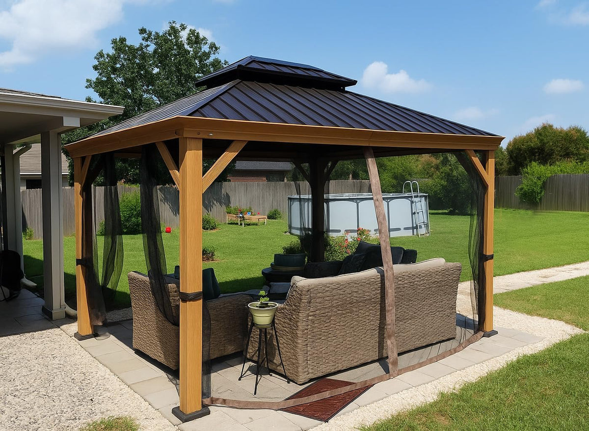 Kozyard Apollo 10’x12’ Hardtop Gazebo, Wooden Coated Aluminum Frame Canopy