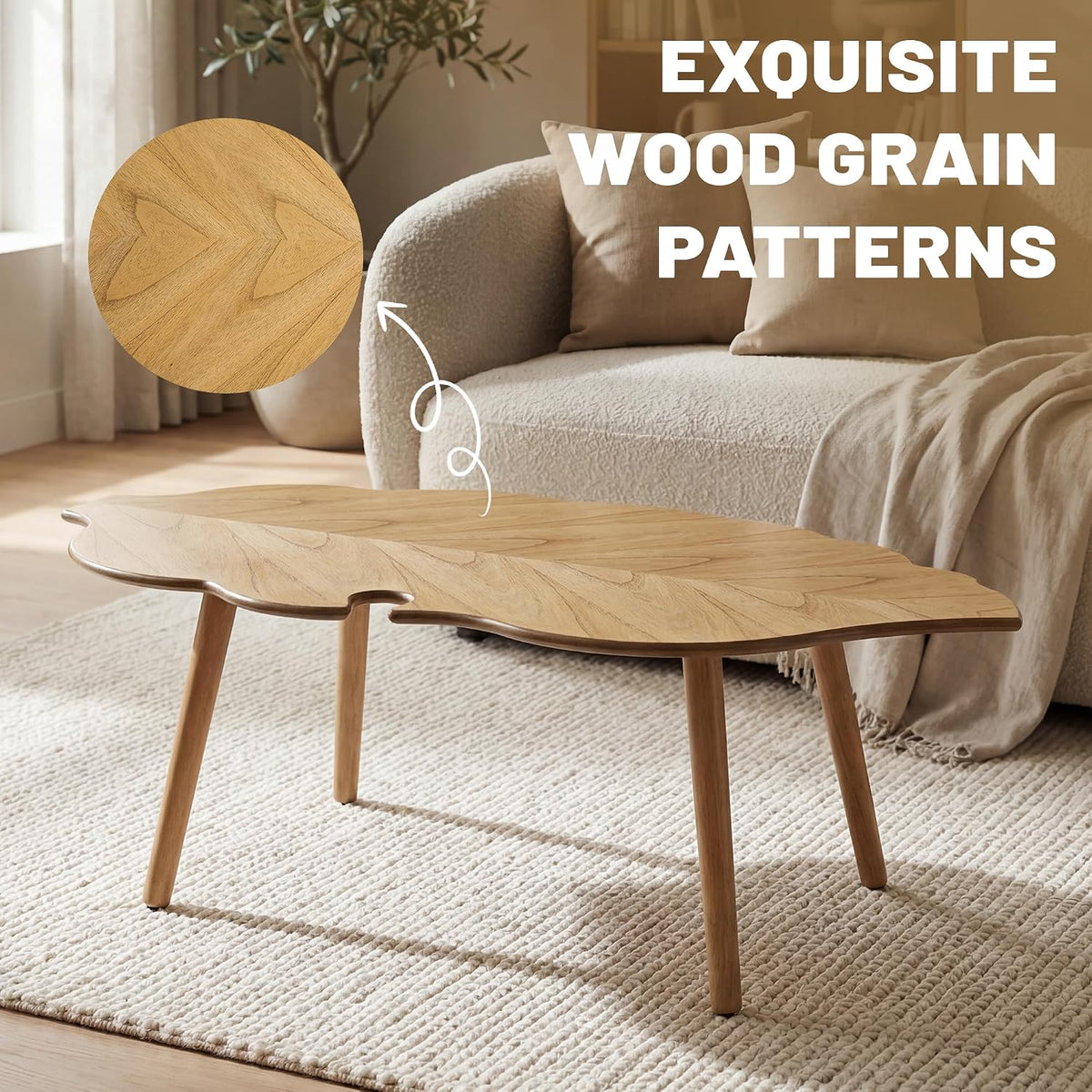 Natural Small Modern Coffee Table, Solid Wood Easy Assembly Center Table