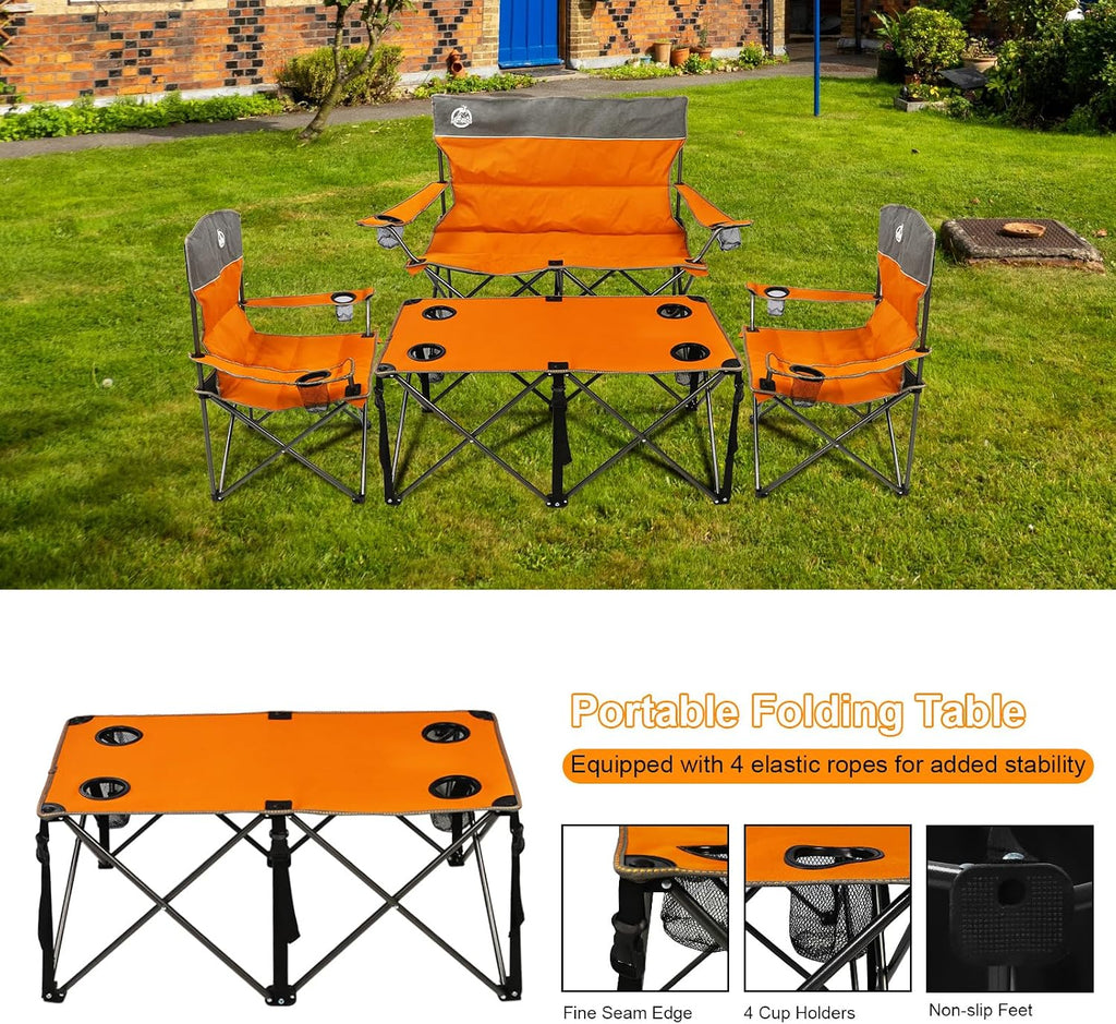 Northroad Folding Camping Chair Set of 4, Portable Collapsible Conversation Set w/1 Sofa, 2 Single Chairs, 1 Table for Family Patio, Outdoor Travel, Beach(Orange)