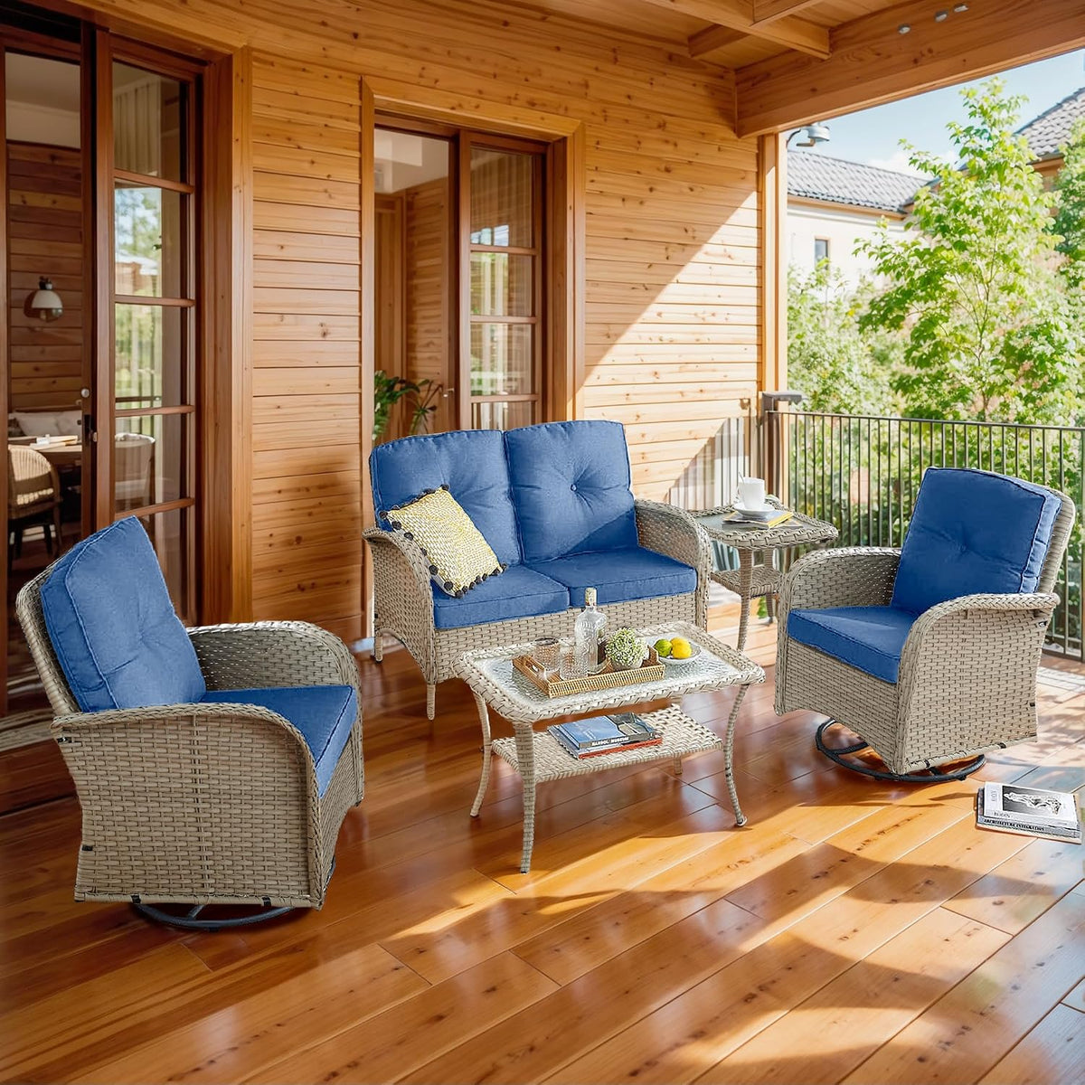5 Piece Patio Furniture Set - Wicker Patio Conversation Set with Swivel Glider, Loveseat Bench, Tempered Glass Side Table and Coffee Table for Deck Backyard - Light Beige Wicker Blue Cushion