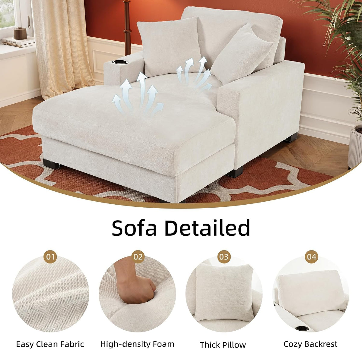 60" Oversized Chaise Lounge Chair Indoor with Adjustable Backrest & Charging Port,Wood Frame Chenille Comfy Reading Chair,Sleeper Chair w/ Cup Holder & 2 Pillows,Beige Chaise Lounge Chair for Bedroom