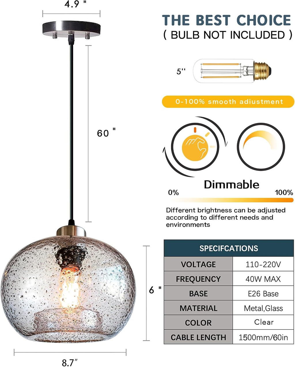 CASAMOTION Glass Pendant Lights, Marble Clear, 2 Pack