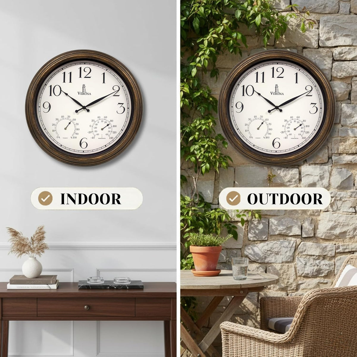 Large Outdoor Clocks for Patio Waterproof with Thermometer Combo, 18 Inch