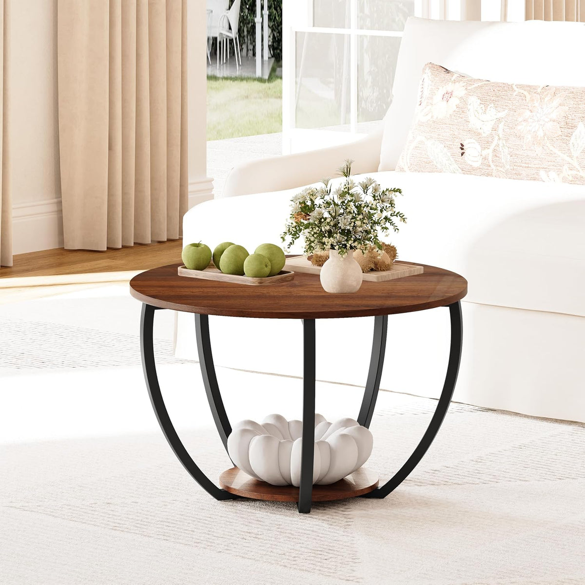 HOMERECOMMEND Round Coffee Table,23"Circle Coffee Table With Storage,Walnut