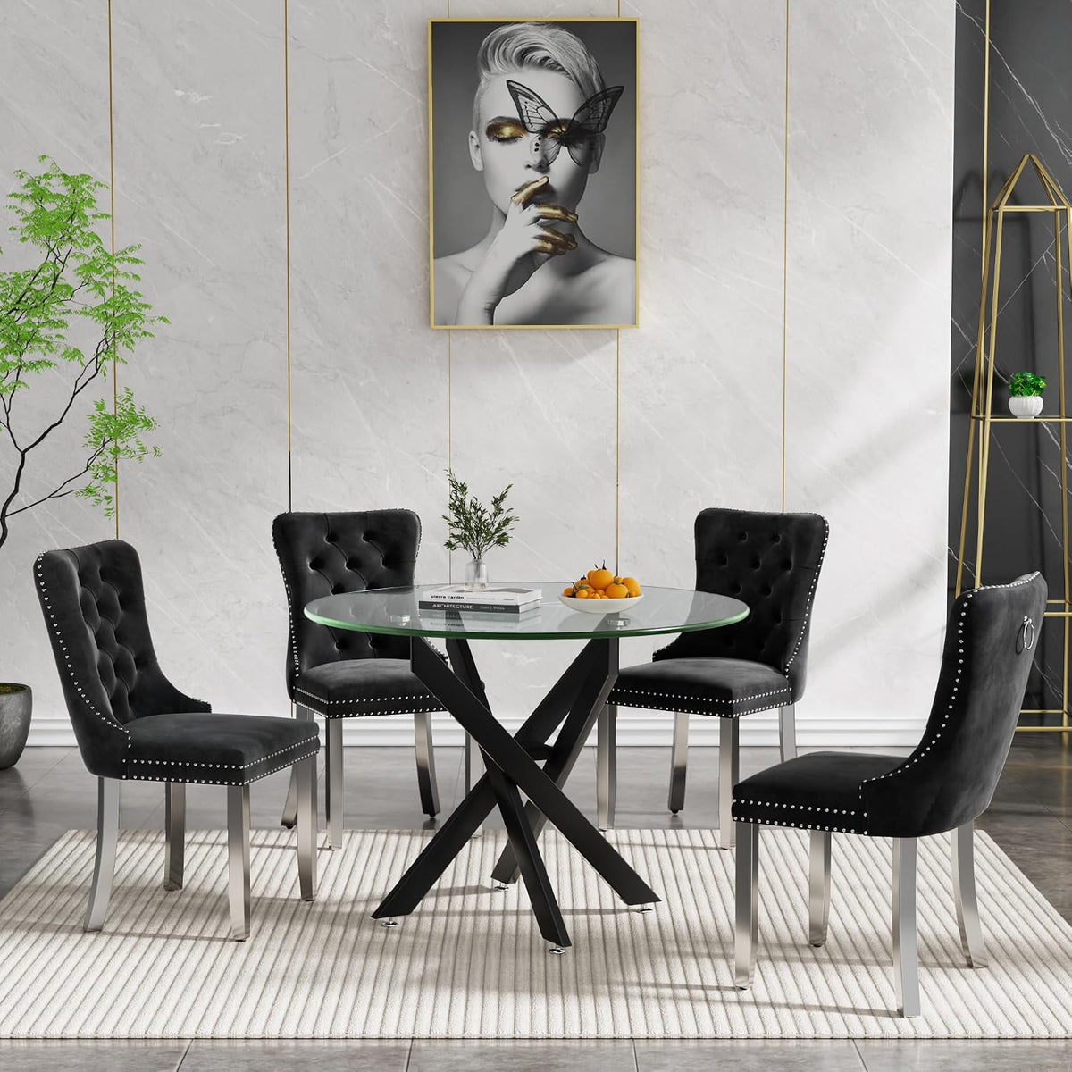 Henf 5 Piece Round Glass Dining Table Set, Modern Black Kitchen Dining Room Table Set for 4, 36" Circle Kitchen Table and 4 Black Velvet Upholstered Chairs Set w/Stainless Steel Legs for Small Space