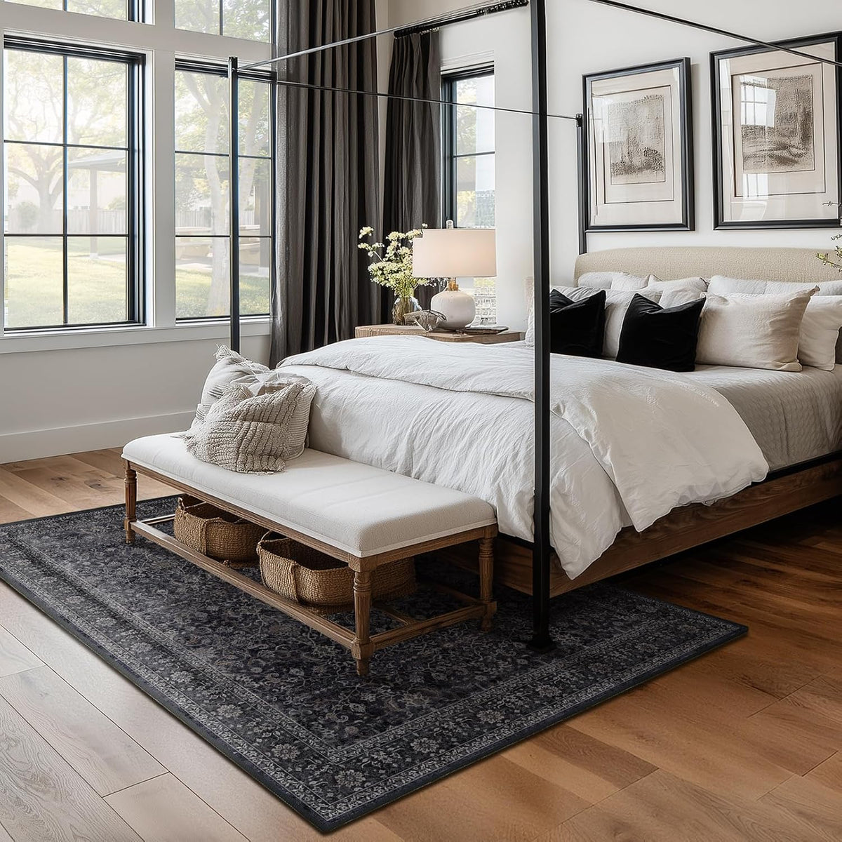 Washable Dark 5x8 Area Rugs, Vintage Farmhouse Earth Tone Carpet for Living Room Bedroom, Low Pile Thin Rug with Non Slip Rubber Backing for Dining Room Kitchen Home Office