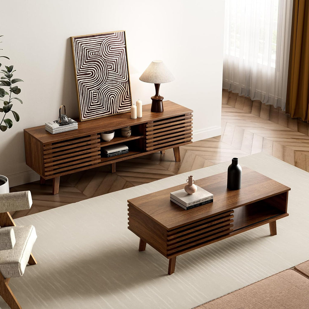 Mid Century Modern Coffee Table, Wood Coffee Table with Storage, Walnut