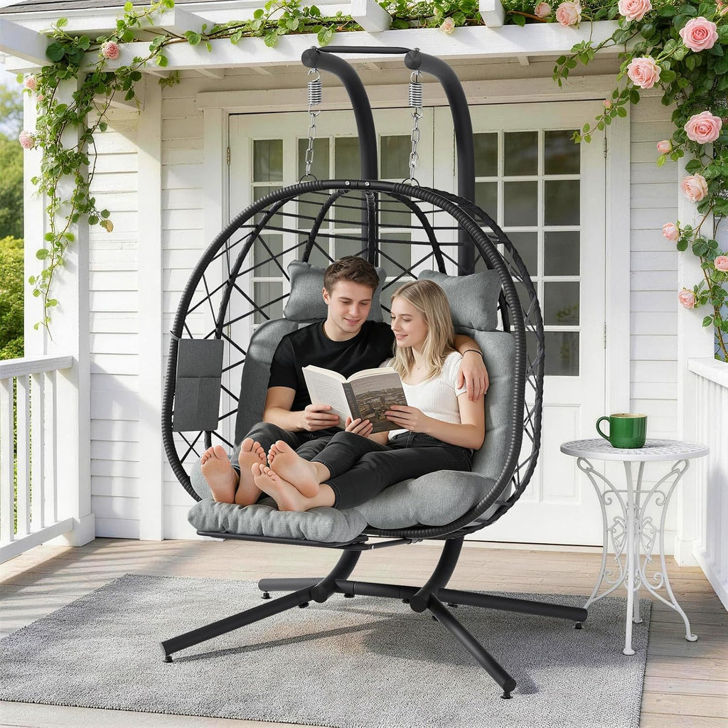 Suteck Double Hanging Egg Chair with Adjustable Footrest & Stand, Grey