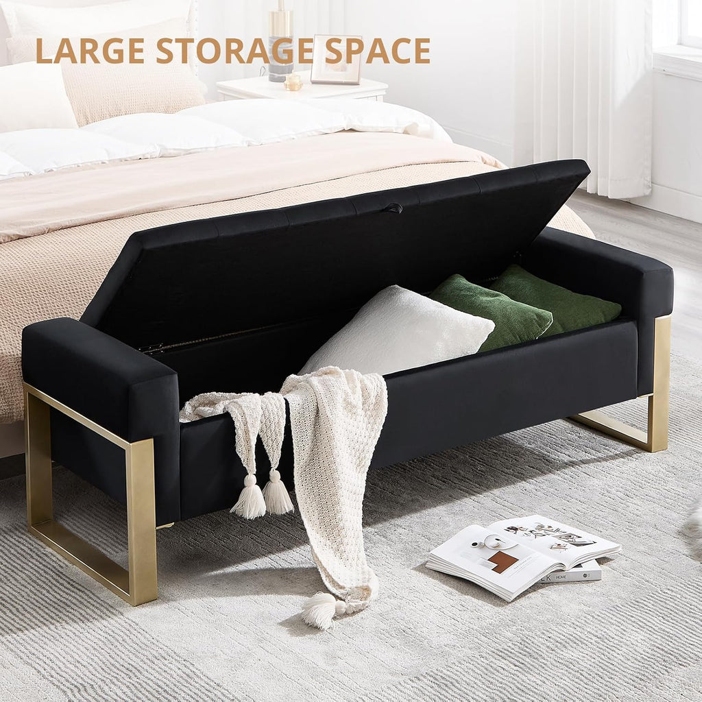 End of Bed Storage Bench, 67'' Benches for Bedroom Foot of Bed King Size, Upholstered Velvet Tufted Storage Ottoman Bench with Gold Legs for Window Living Room Entryway, Black