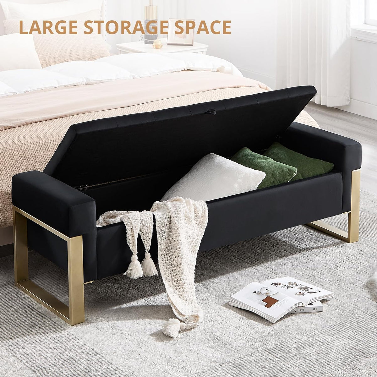 End of Bed Storage Bench, 67'' Benches for Bedroom Foot of Bed King Size, Upholstered Velvet Tufted Storage Ottoman Bench with Gold Legs for Window Living Room Entryway, Black