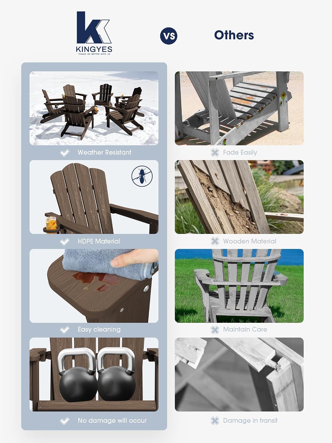KINGYES Folding Adirondack Chair Set of 4 with Cup Holder, Coffee