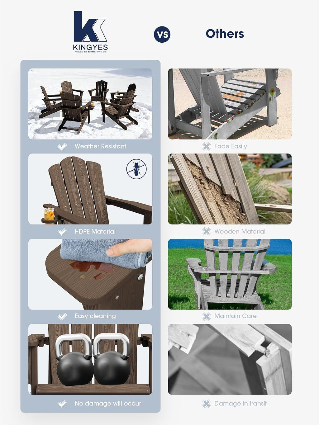 KINGYES Folding Adirondack Chair Set of 6 with Cup Holder, Coffee