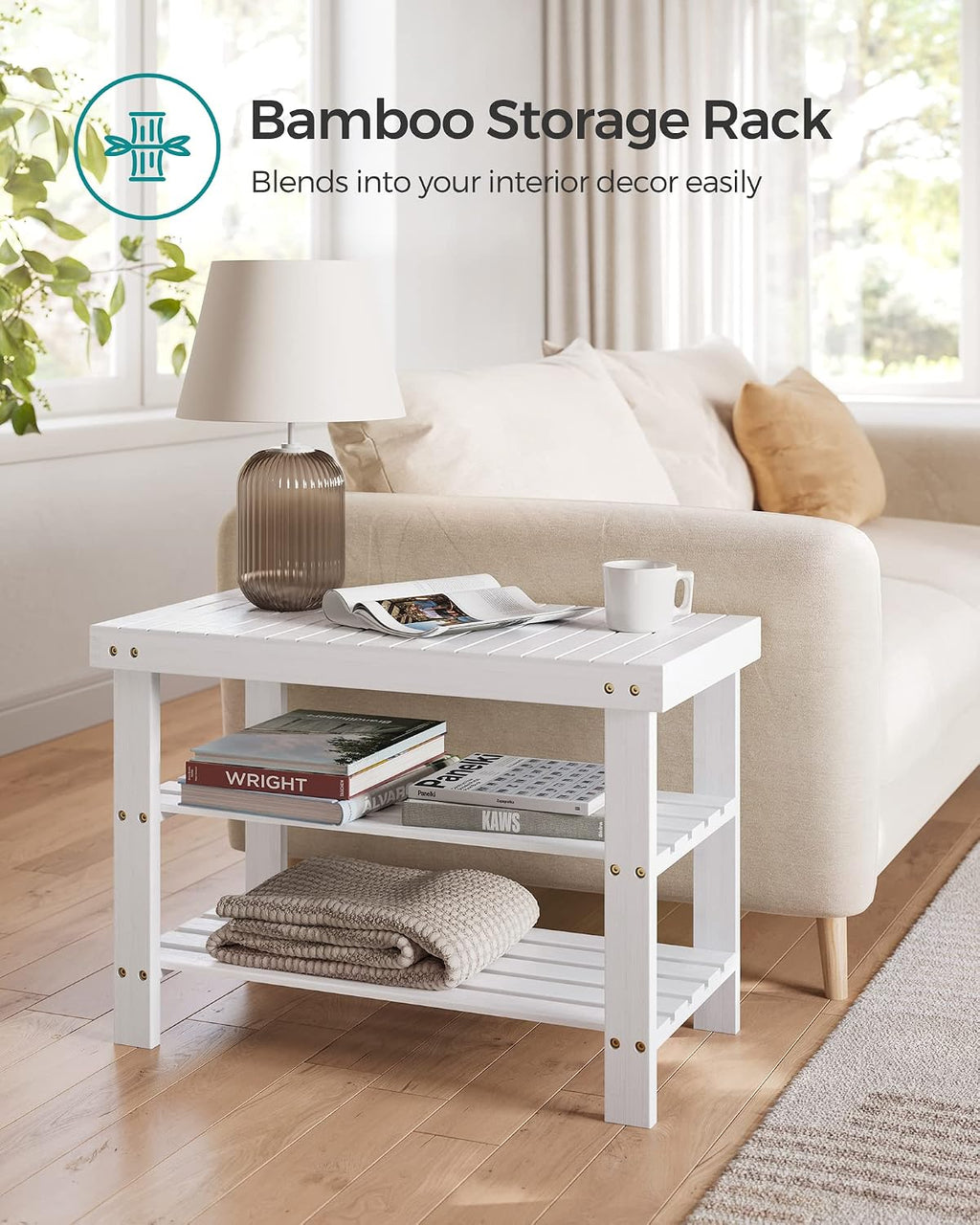 SONGMICS Shoe Rack Bench, 3-Tier Bamboo Entryway Bench, 27.6 Inches Width