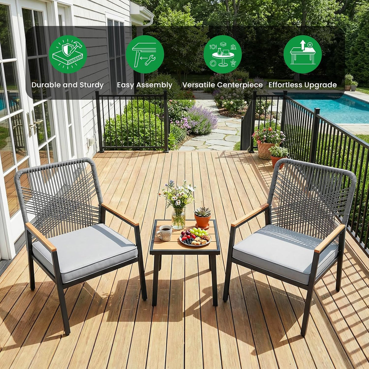 LIFERUN 3-Piece Rattan Patio Set with 2 Chairs and Table, Gray