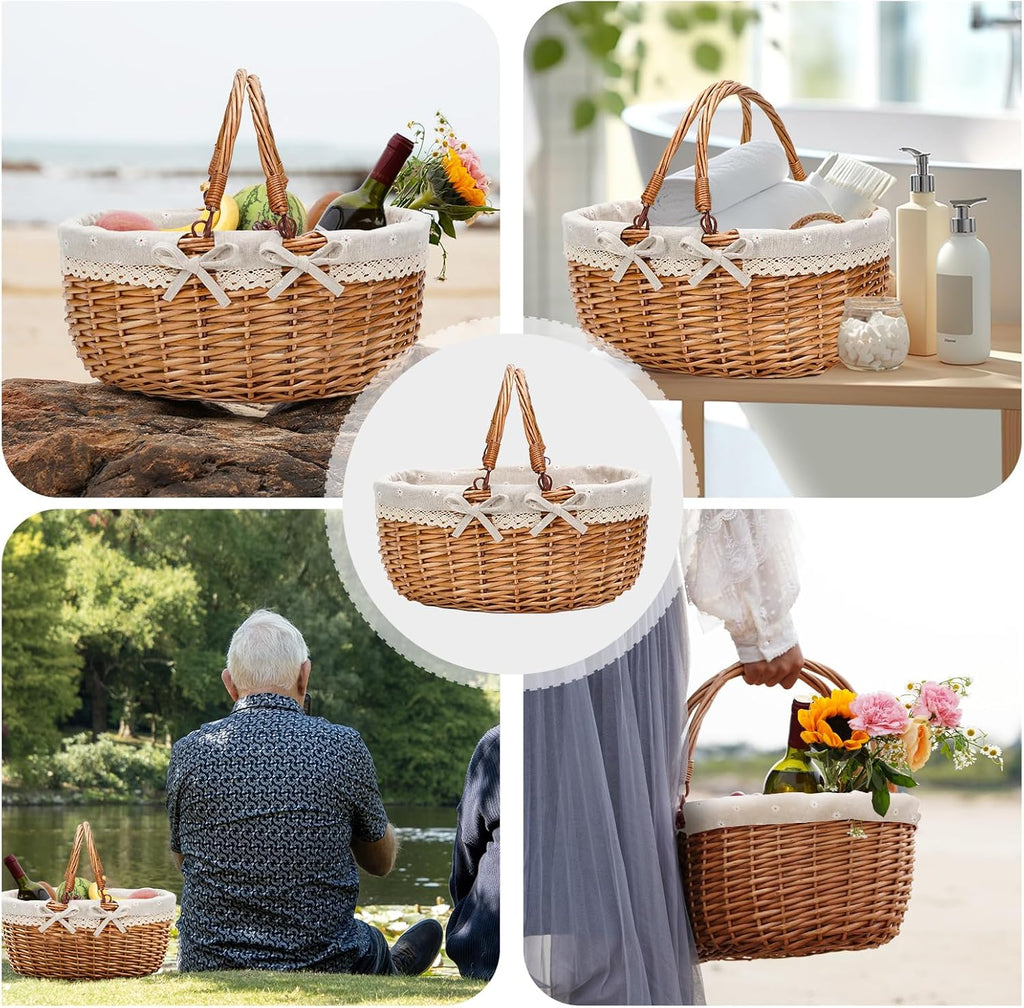 Good GAIN Wicker Picnic Basket w/Fold Handles,Willow Empty Baskets,Cream
