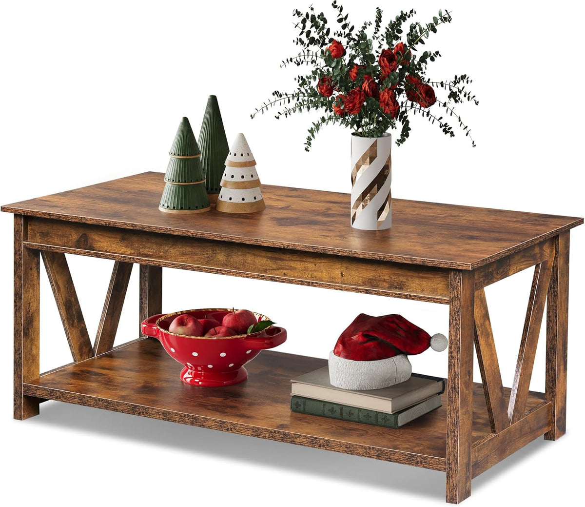 WLIVE Coffee Table, 43.3 Inch Farmhouse Table with Storage, Rustic Brown
