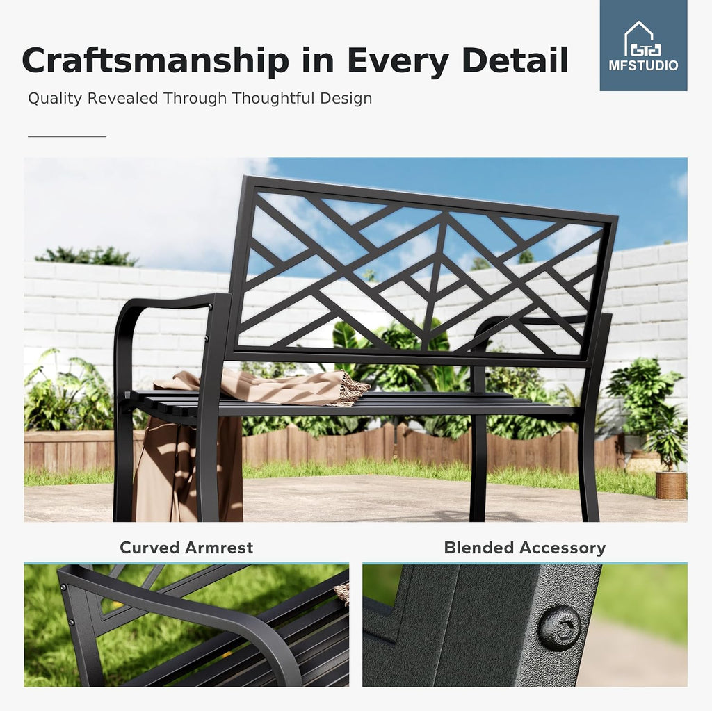 MFSTUDIO 43.7” Cast Iron Outdoor Garden Bench, Geometric Backrest, Black
