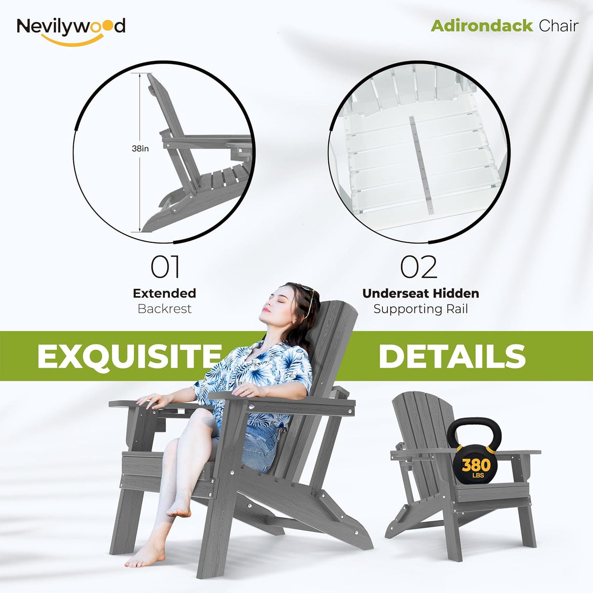 nevilywood Folding Adirondack Chairs Set of 2, HDPE Cup Holders, Grey