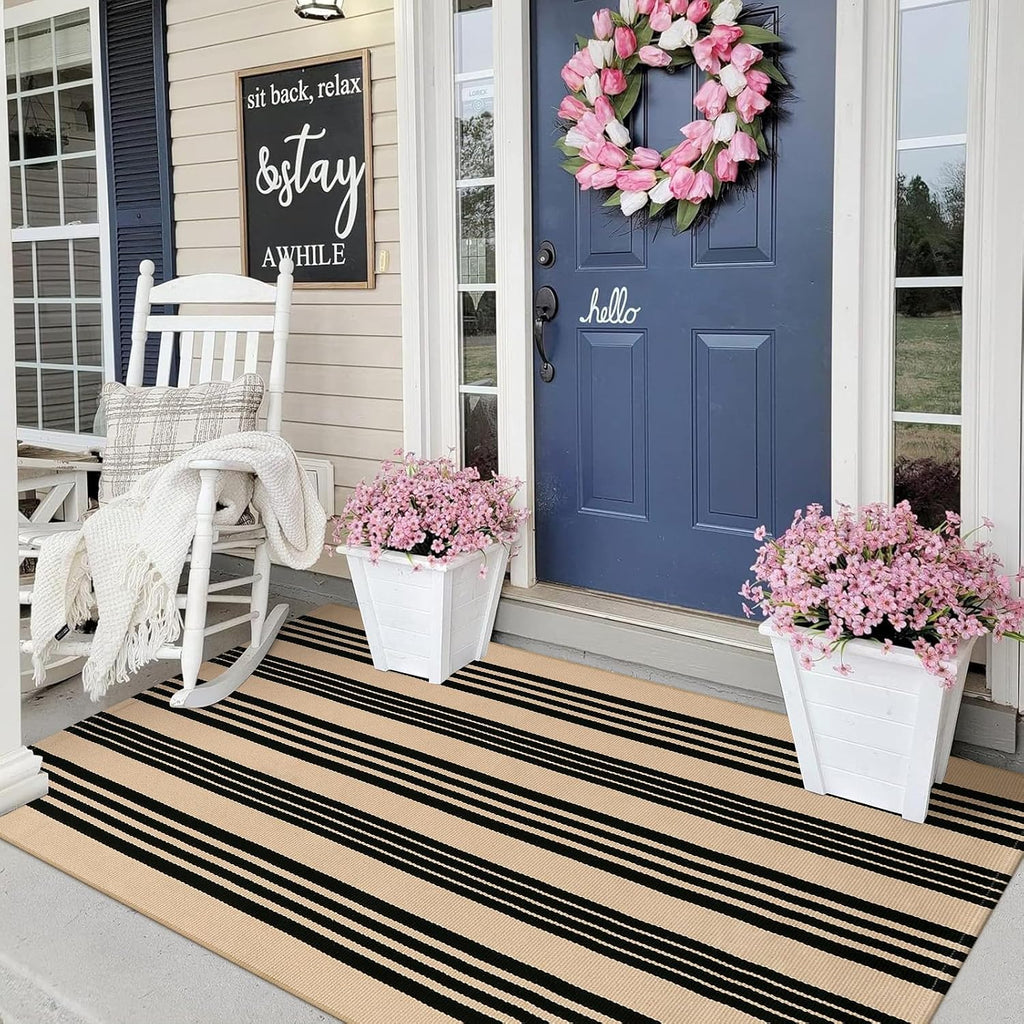 Striped Outdoor Rugs 3x5, Cotton Washable Fall Front Door Mat Decor