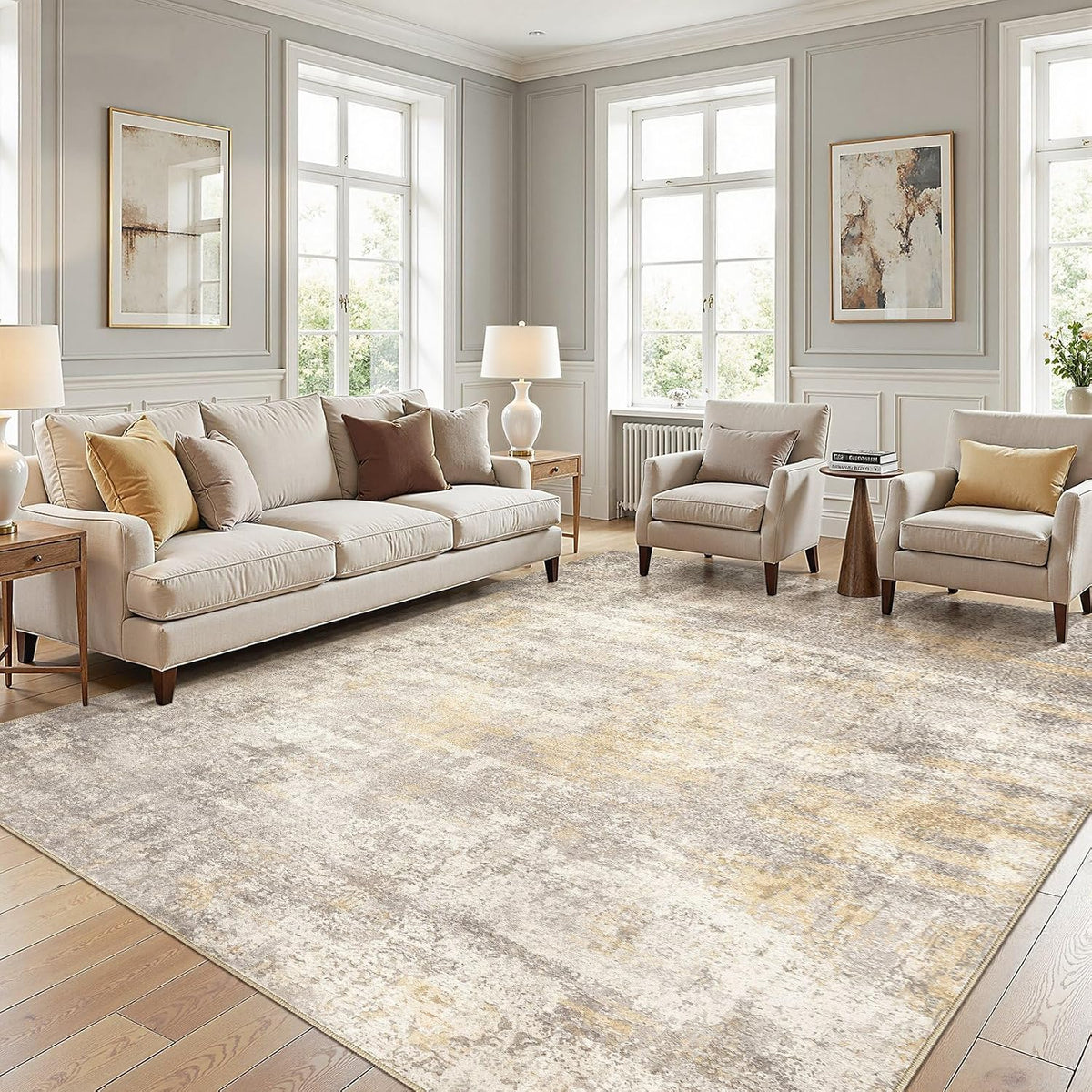 cotiled 8x10 Area Rugs Living Room: Washable Abstract Rug Gold Grey Brown