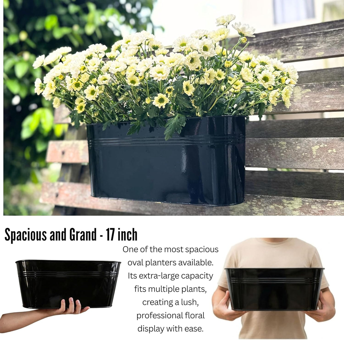 LaLaGreen Outdoor Rail Planter (17 in, 6 Pack) Black Metal Deck Fence Pots