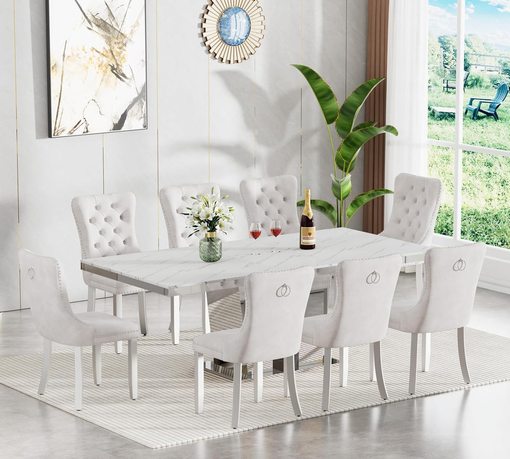 Modern Extendable Dining Table Set for 8, 94" Faux Marble Expandable Table with 8 Beige Velet Chairs & Silver Mirrored Base, 9 Piece Luxury Extendable Dining Room Table Set for Dinner Family Gathering
