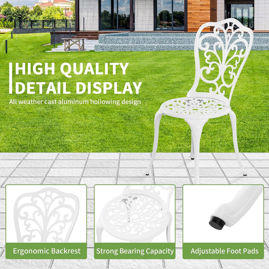 3 Piece Patio Set Outdoor Cast Aluminum Patio Bistro Table and Chairs Set of 2,All Weather Outdoor Bistro Sets with 1.97" Umbrella Hole for Front Porch Set,Garden(White)