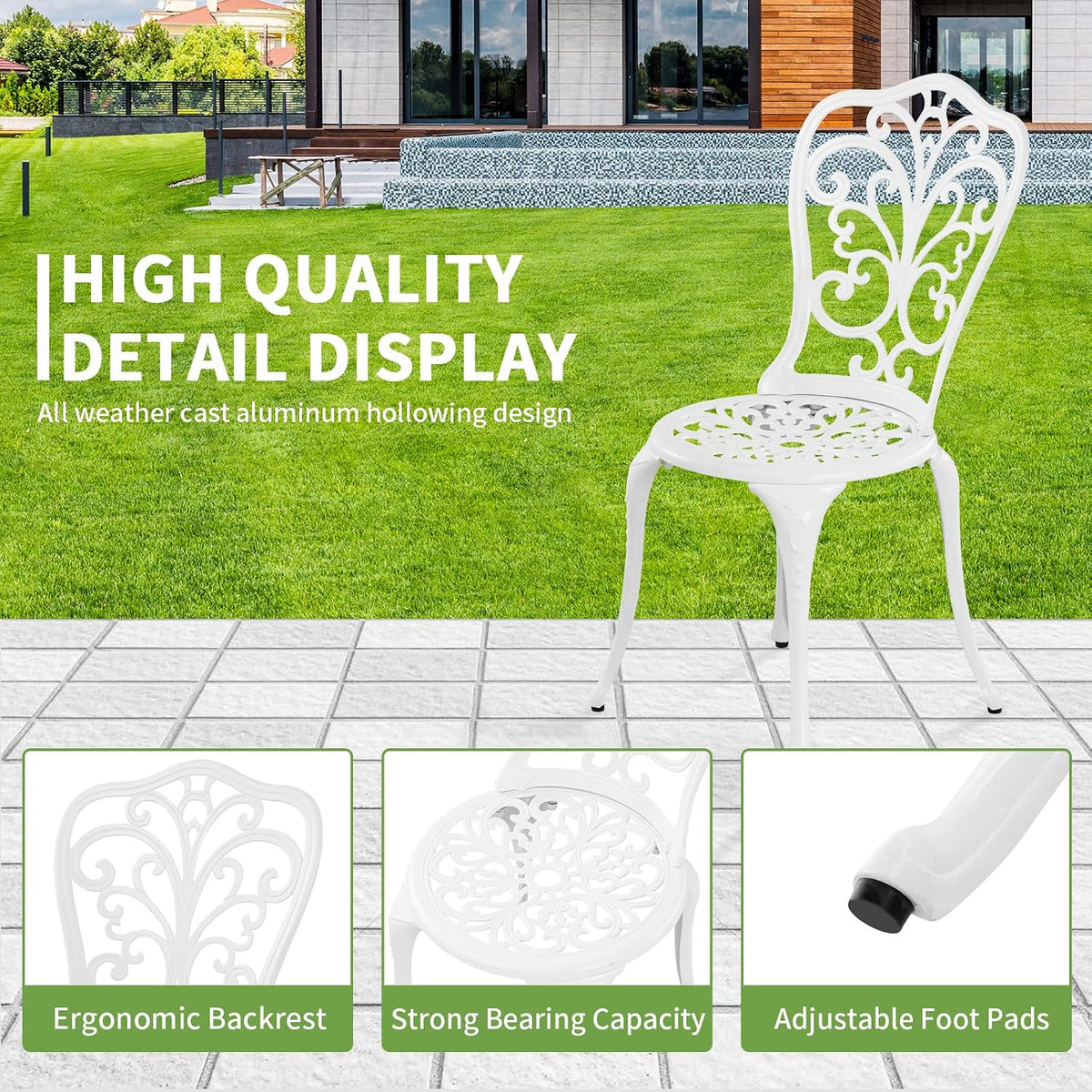 3 Piece Patio Set Outdoor Cast Aluminum Patio Bistro Table and Chairs Set of 2,All Weather Outdoor Bistro Sets with 1.97" Umbrella Hole for Front Porch Set,Garden(White)