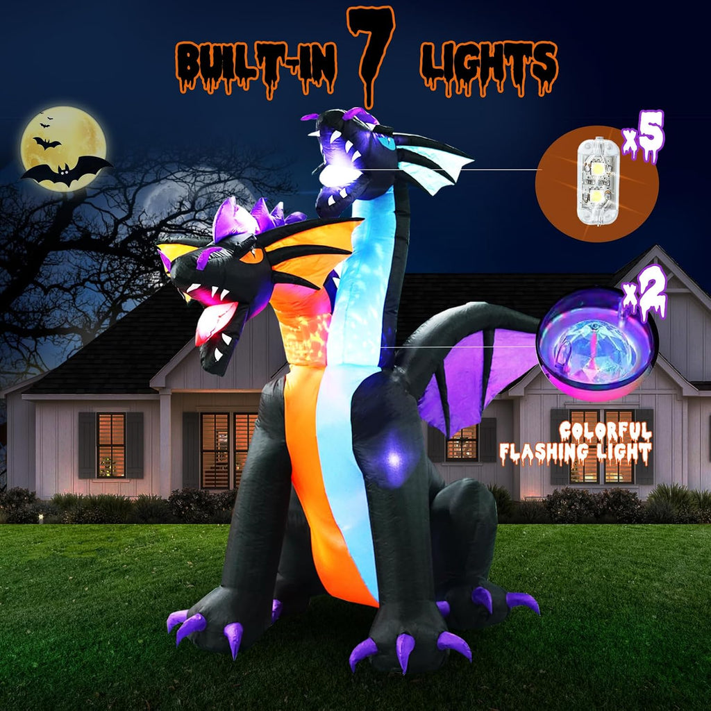 7FT Tall Halloween Inflatables Dragon with 2 Heads, Fire and Ice Blow Up Dragon Inflatables Built-in 2 Rotating Flash Lights and 5 Led Lights for Halloween Inflatable Outdoor Decoration