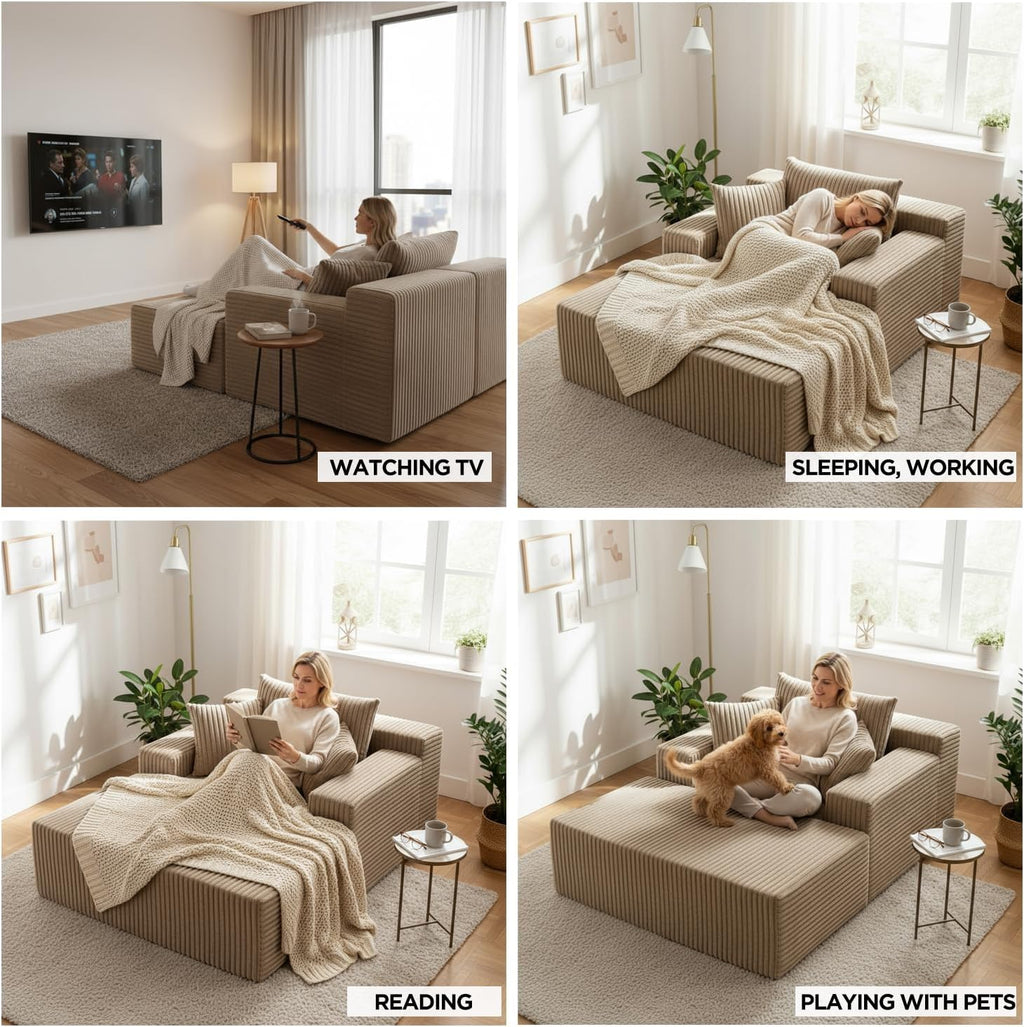 Sytopia Chaise Lounge with Armrests, Oversized Sofa Bed with 3 Pillows, Cozy Couch, Sleeper Reading Chair for Living Room Bedroom, Floor Sofa Corduroy, Furniture Sala, Cashmere Beige