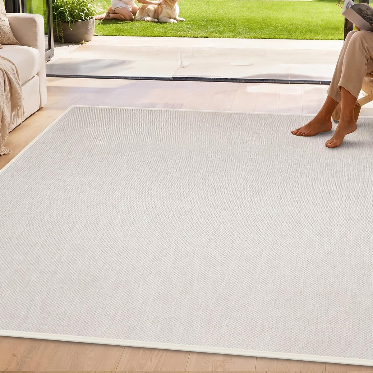 Door Mat Indoor Entrance, 5' x 7' Ultra Thin Non Slip Large Doormat with Rubber Backing, Low Profile Easy Clean Dirt Trapper Mat for Entryway Front Door Patio Porch, Beige