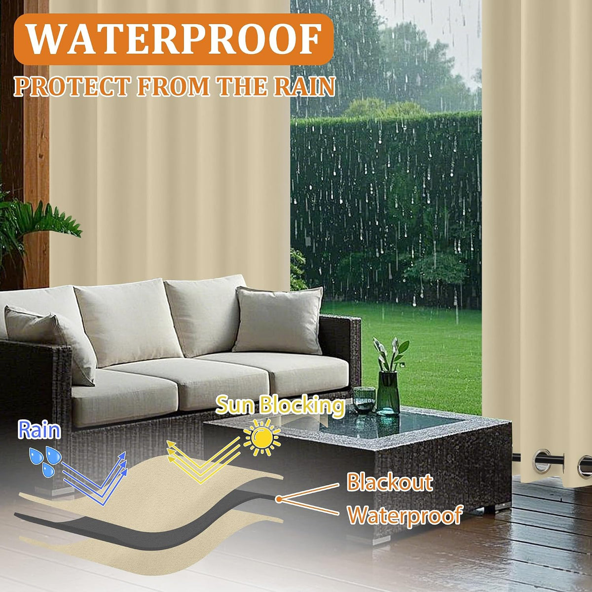 Arfntevss Outdoor Curtains for Patio Waterproof 2 Panels Blackout Curtains 84 inch Long with Zipper Top & Bottom Grommet Sun Blocking Outdoor Privacy Drape for Gazebo Porch Pergola (54x84, Beige)