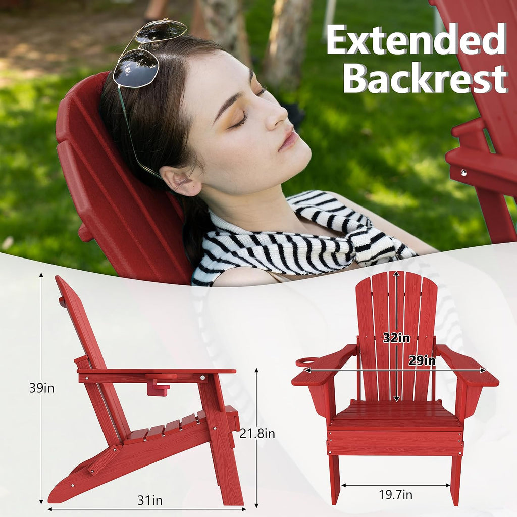 Plawdlik Folding Adirondack Chair Set of 6 with Cup Holder，Wooden Textured ，Heavy All-Weather HDPE Comfortable Set Poolside Backyard Lawn, Red