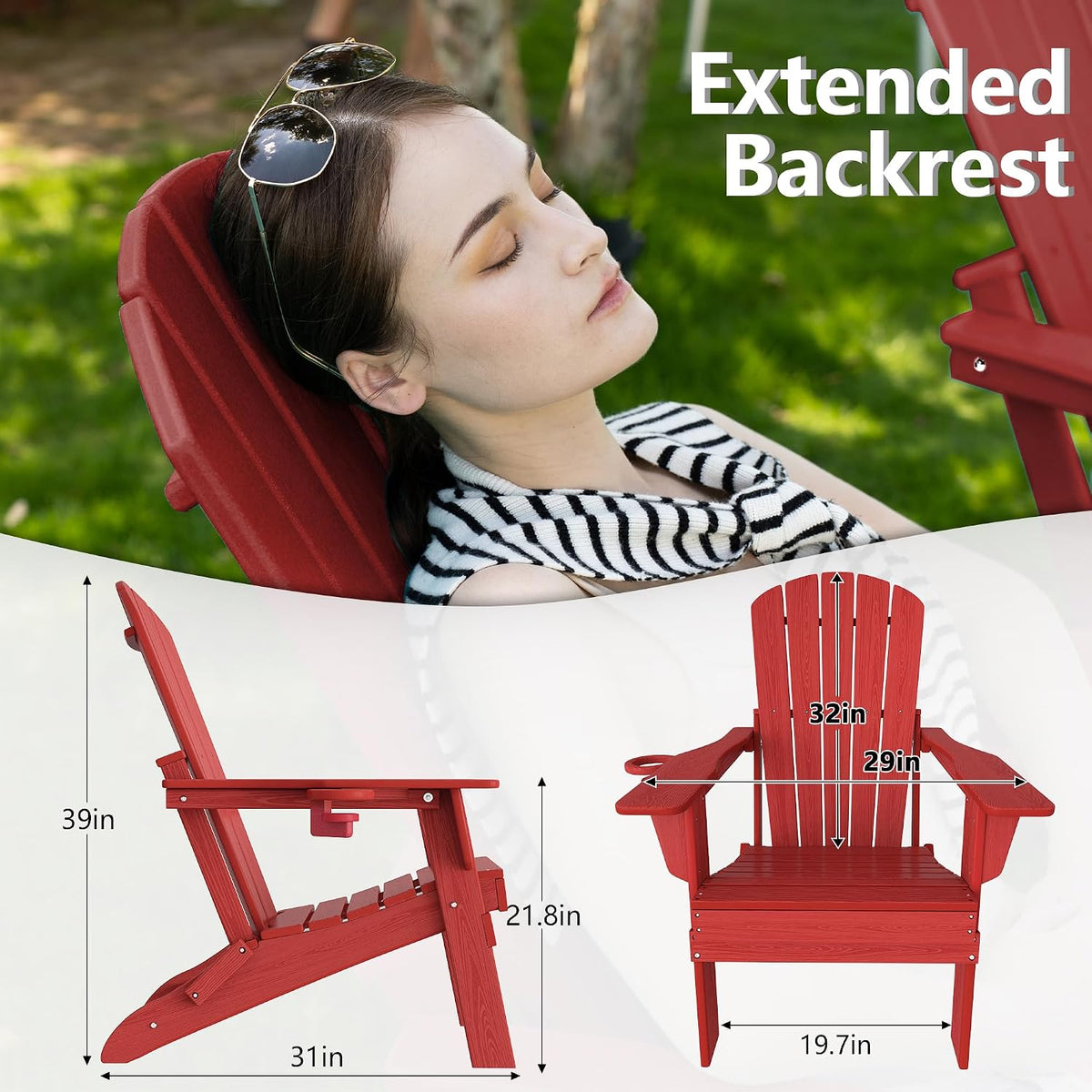Plawdlik Folding Adirondack Chair Set of 6 with Cup Holder，Wooden Textured ，Heavy All-Weather HDPE Comfortable Set Poolside Backyard Lawn, Red