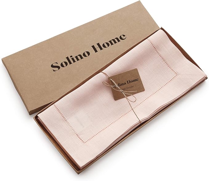Solino Home Linen Pink Table Runner 120 Inches Long - 100% Pure Linen Hemstitch 14 x 120 Inch Table Runner for Dining and Halloween - Classic Hemstitch