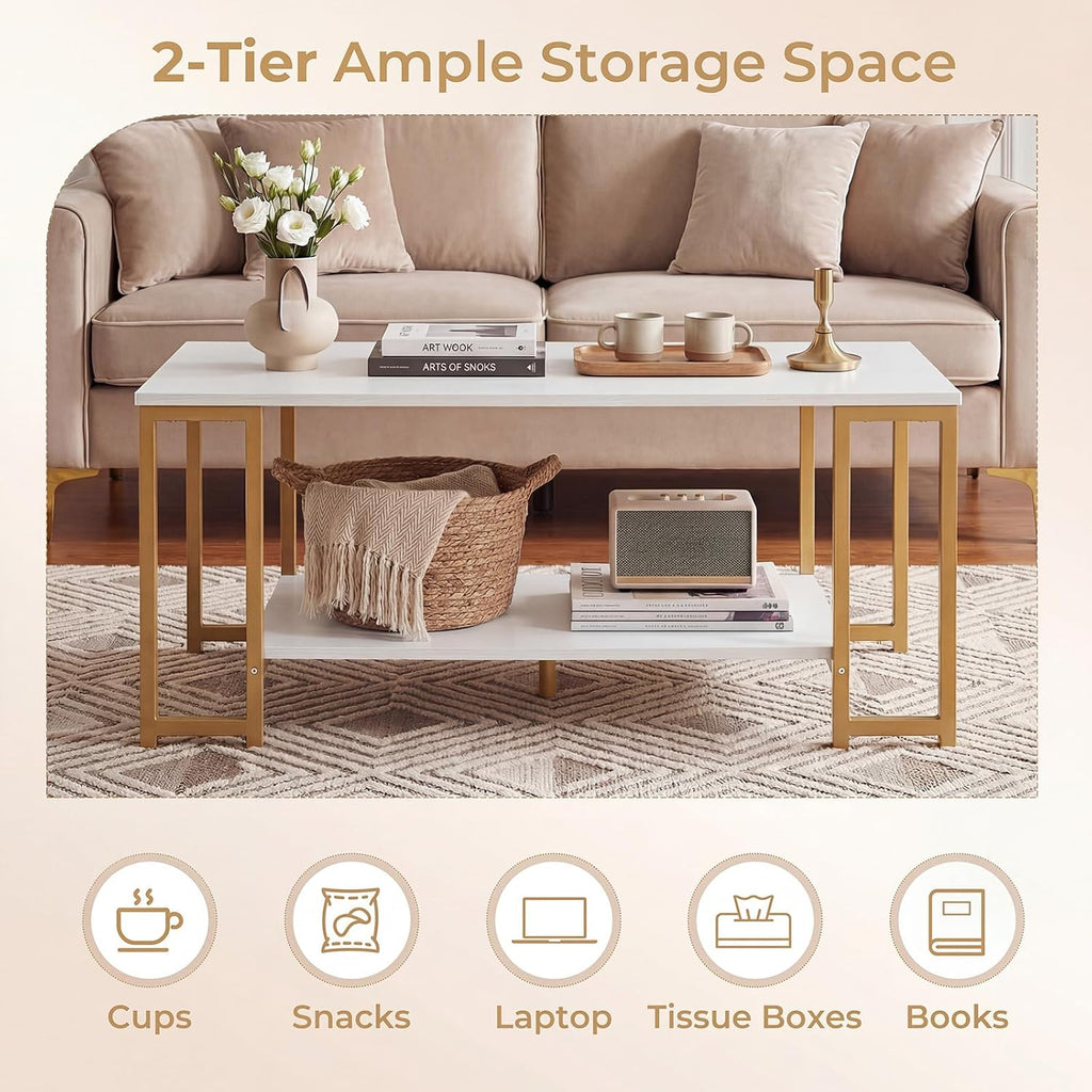 GIANTEX 2-Tier Coffee Table with Storage, 39.5" Center Table, Gold & White