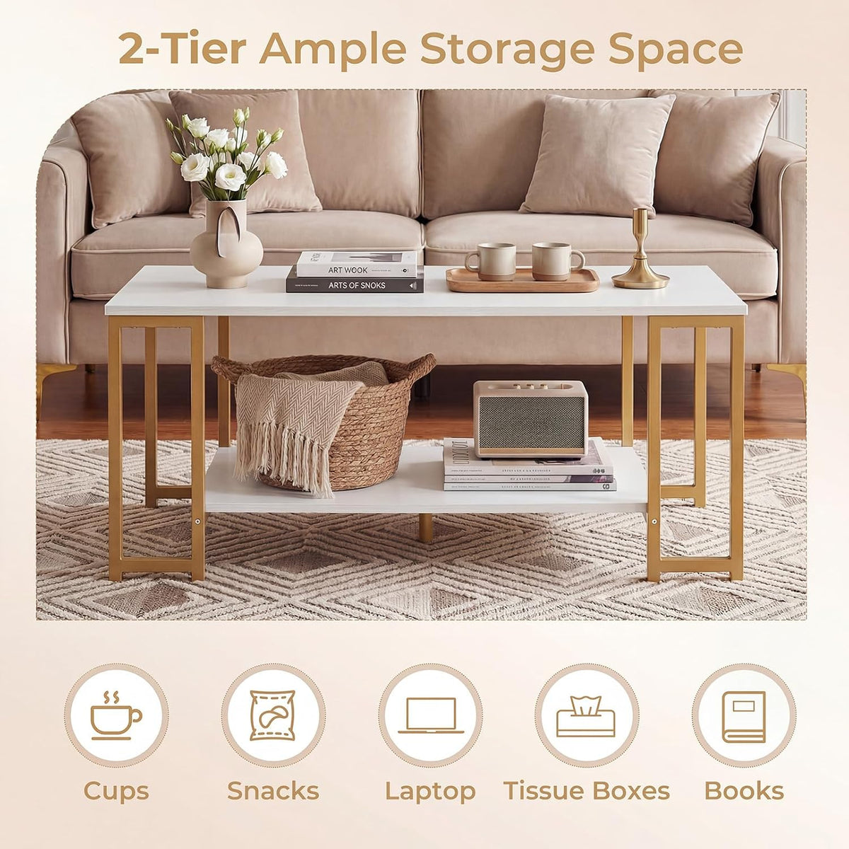 GIANTEX 2-Tier Coffee Table with Storage, 39.5" Center Table, Gold & White