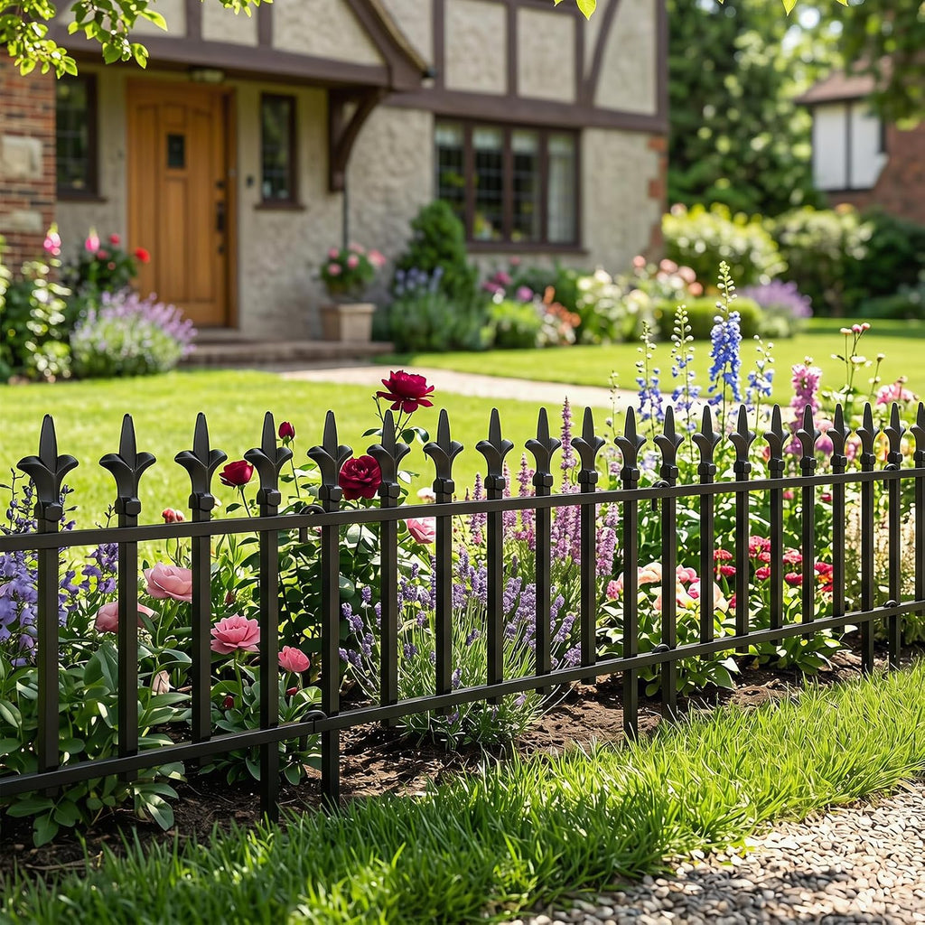 Giantex 5 Panels Decorative Metal Garden Fence, 9 FT No Dig Garden Border Fence with Fleur-de-Lis Finials, 17" H Heavy Duty Flower Bed Edging Fence, Folding Landscape Fencing for Yard, Pathway