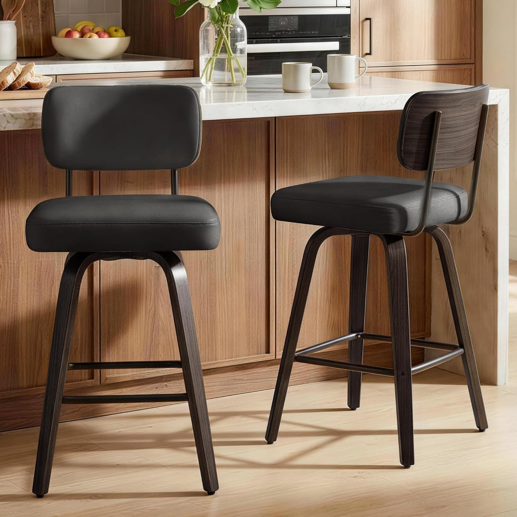 Swivel Bar Stools Set of 2, 26" Counter Height with Wooden Back, Black