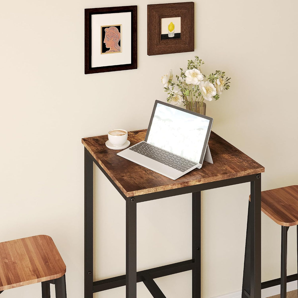 Lutown-Teen Square Bar Table, High Top Table - Industrial Metal Frame for Small Spaces & Narrow Kitchens, 23.6x23.6x36.9 in (LxWxH), Easy Assembly, Rustic Brown and Black