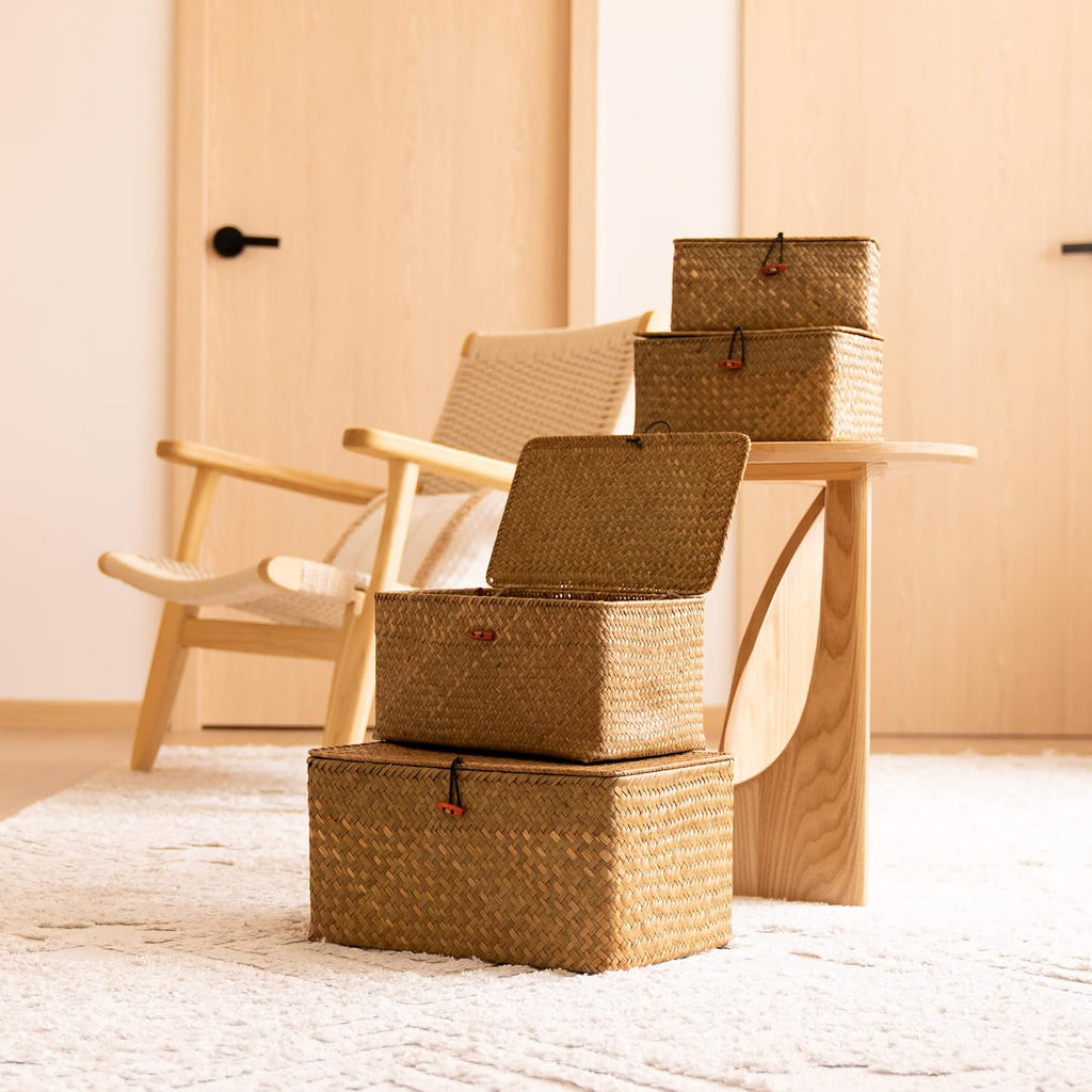 4 Pack, Wicker Baskets with Lids, Natural Seagrass Storage Baskets, Woven Rectangular Basket Bins, Rattan Storage Organizer for Shelf