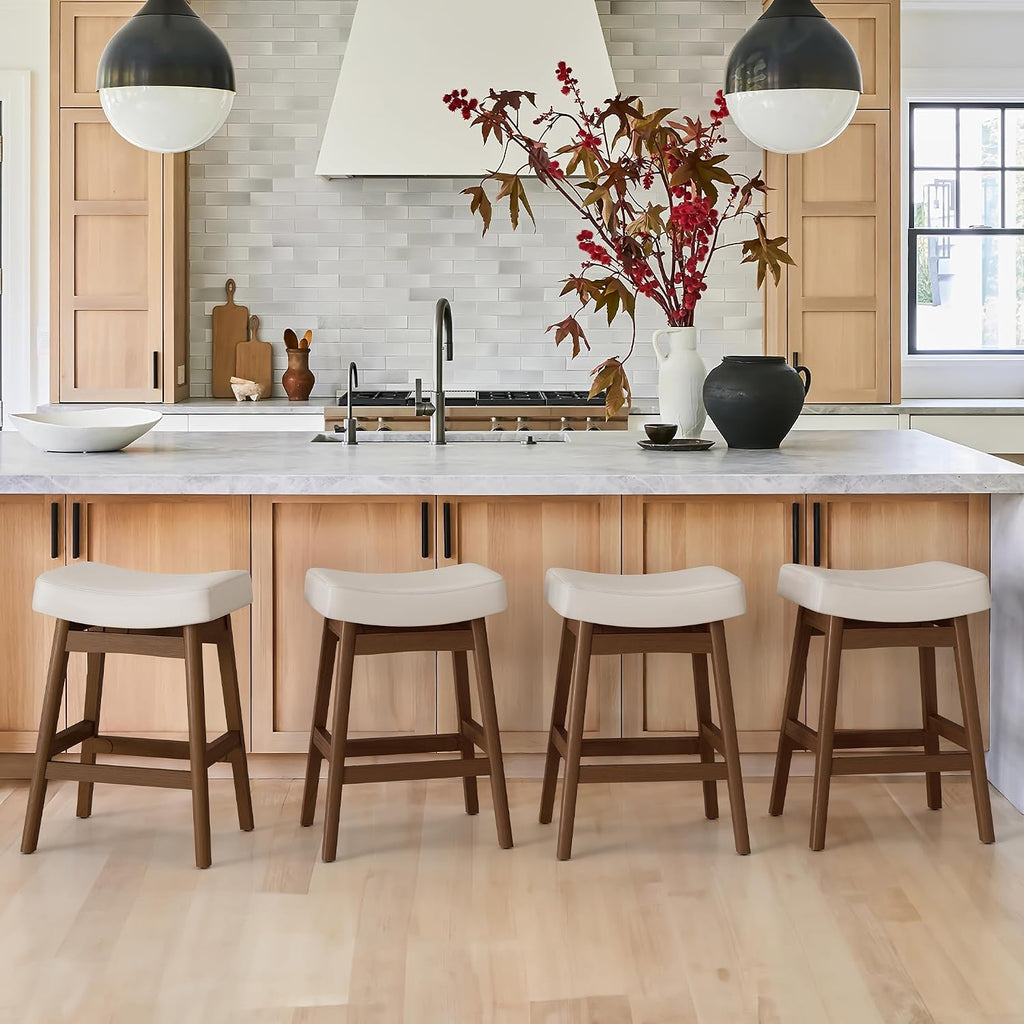 Cozyman Bar Stools Set of 3, Barstools with Sturdy Wood Legs, Saddle Seat Counter Height Bar Stools for Kitchen Counter, Bar, Dining, 24 Inch Farmhouse Counter Stools, Antique White Leather