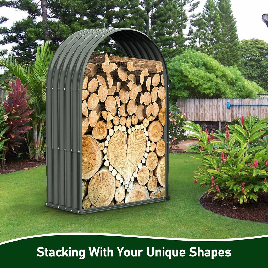 ANLEOLIFE Arch Tall Outdoor Firewood Rack with Corrugated Steel Roof