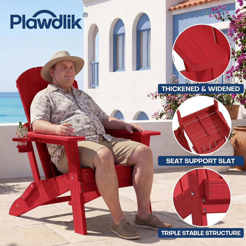 Plawdlik Folding Adirondack Chair Set of 6 with Cup Holder，Wooden Textured ，Heavy All-Weather HDPE Comfortable Set Poolside Backyard Lawn, Red