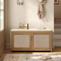VASAGLE Boho Shoe Bench with Cushion, 2 Rattan-Look Cabinet Doors